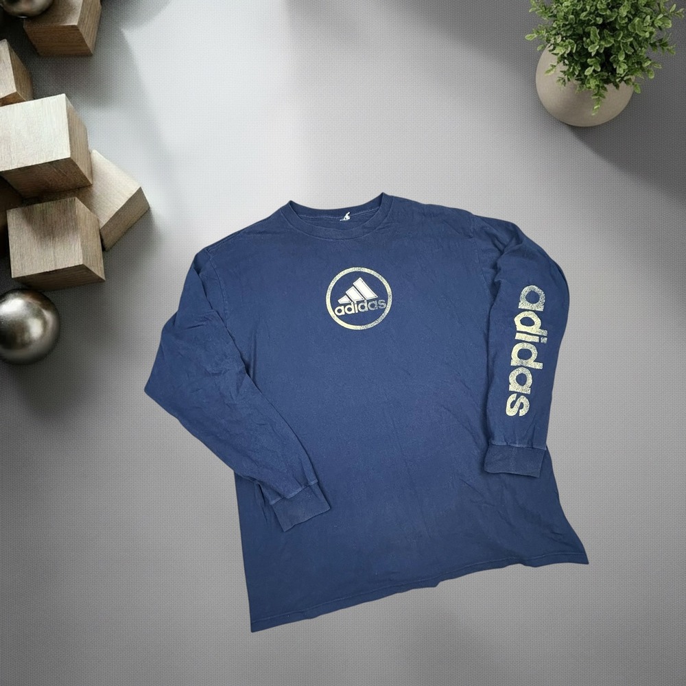 Vintage 90s Adidas Long Sleeve T-Shirt Navy Blue Graphic Logo Streetwear Skater